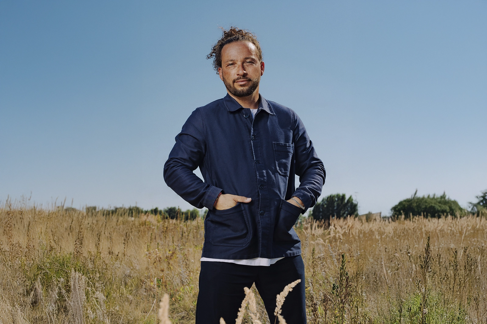 Een portret van een man met een blauw jasje aan en baard die lachend in de camera kijkt. De man staat in een open plek vol natuur terwijl de zon schijnt.